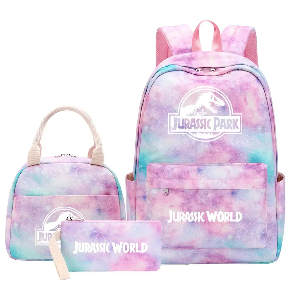 Kawaii Jurassic World Park Girls Kids Pen Lunch Bags Bookbags 3 Pcs Women Teenagers Schoolbags Travel Laptop Rainbow Backpack