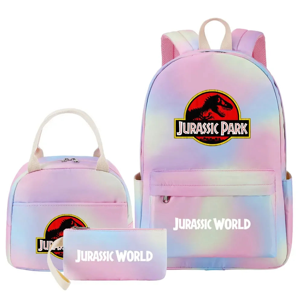 Kawaii Jurassic World Park Girls Kids Pen Lunch Bags Bookbags 3 Pcs Women Teenagers Schoolbags Travel Laptop Rainbow Backpack