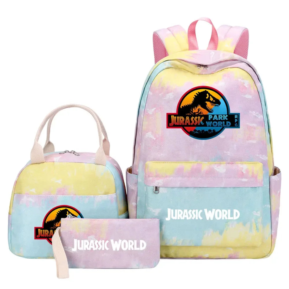 Kawaii Jurassic World Park Girls Kids Pen Lunch Bags Bookbags 3 Pcs Women Teenagers Schoolbags Travel Laptop Rainbow Backpack