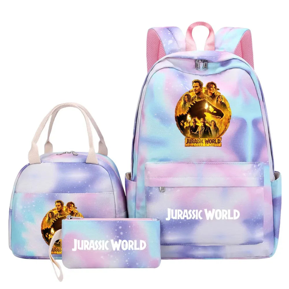 Kawaii Jurassic World Park Girls Kids Pen Lunch Bags Bookbags 3 Pcs Women Teenagers Schoolbags Travel Laptop Rainbow Backpack
