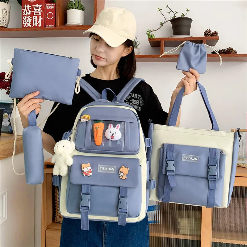 Kawaii Women Backpack 5 Piece Set Student Canvas School Bag Korean Harajuku Large-Capacity Female Schoolbag Shoulder Handbag