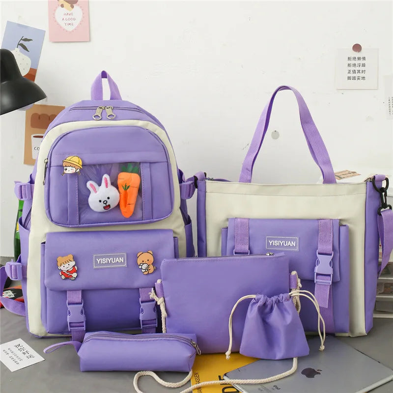 Kawaii Women Backpack 5 Piece Set Student Canvas School Bag Korean Harajuku Large-Capacity Female Schoolbag Shoulder Handbag