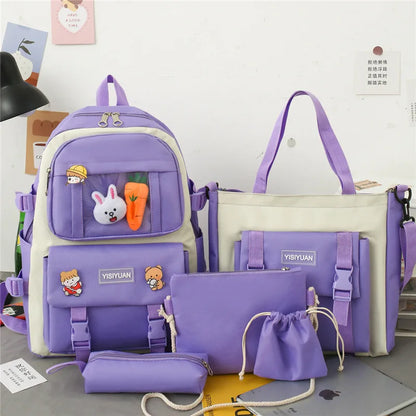 Kawaii Women Backpack 5 Piece Set Student Canvas School Bag Korean Harajuku Large-Capacity Female Schoolbag Shoulder Handbag