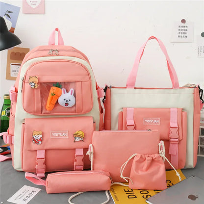 Kawaii Women Backpack 5 Piece Set Student Canvas School Bag Korean Harajuku Large-Capacity Female Schoolbag Shoulder Handbag