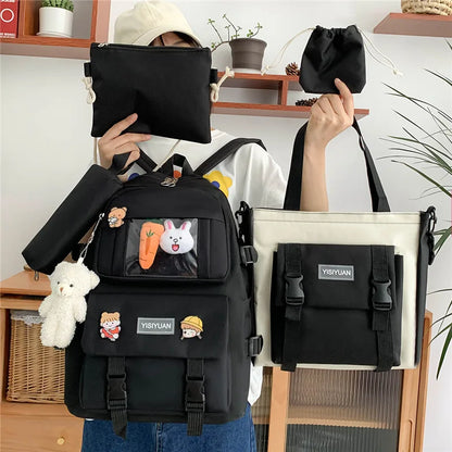 Kawaii Women Backpack 5 Piece Set Student Canvas School Bag Korean Harajuku Large-Capacity Female Schoolbag Shoulder Handbag