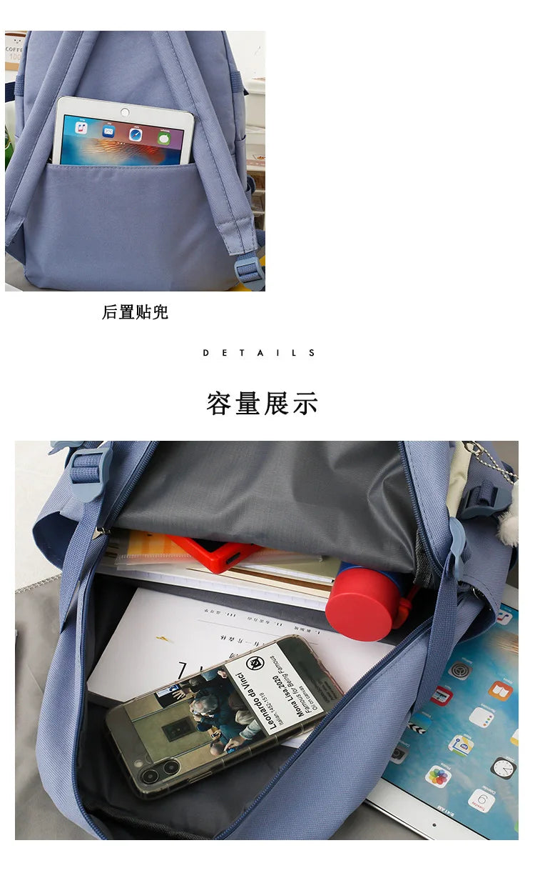 Kawaii Women Backpack 5 Piece Set Student Canvas School Bag Korean Harajuku Large-Capacity Female Schoolbag Shoulder Handbag