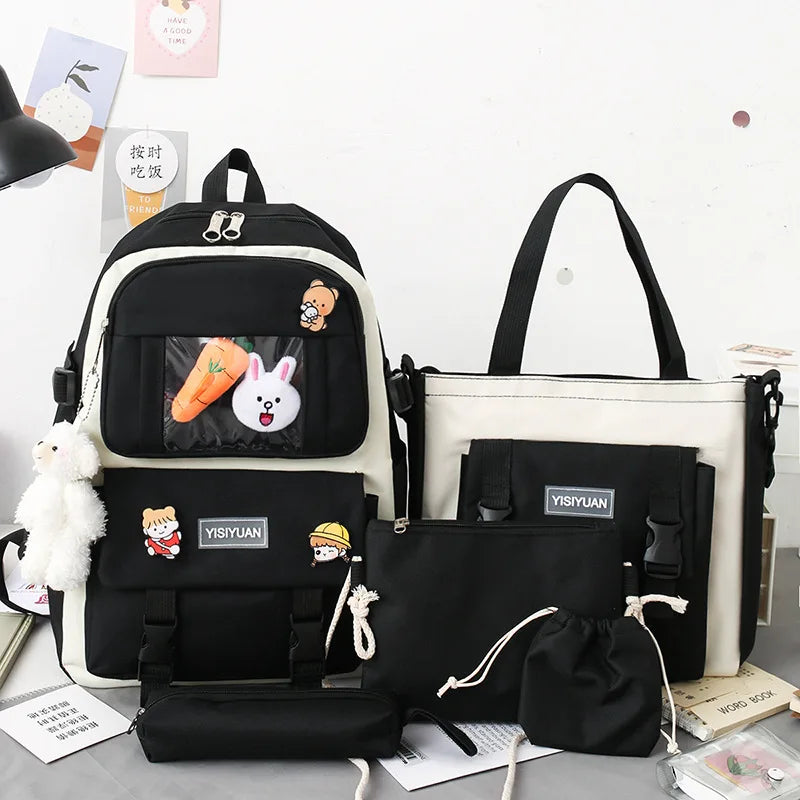Kawaii Women Backpack 5 Piece Set Student Canvas School Bag Korean Harajuku Large-Capacity Female Schoolbag Shoulder Handbag