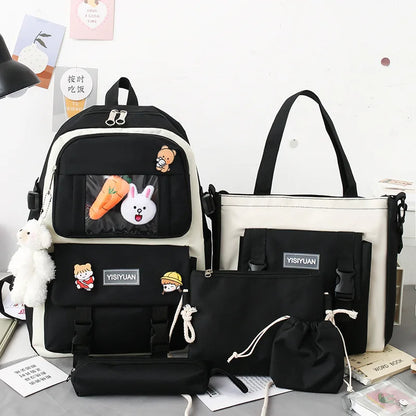 Kawaii Women Backpack 5 Piece Set Student Canvas School Bag Korean Harajuku Large-Capacity Female Schoolbag Shoulder Handbag