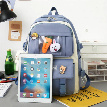 Kawaii Women Backpack 5 Piece Set Student Canvas School Bag Korean Harajuku Large-Capacity Female Schoolbag Shoulder Handbag