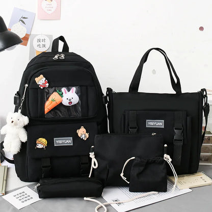 Kawaii Women Backpack 5 Piece Set Student Canvas School Bag Korean Harajuku Large-Capacity Female Schoolbag Shoulder Handbag