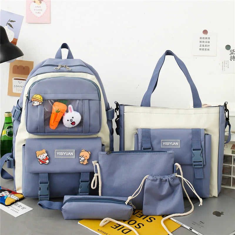 Kawaii Women Backpack 5 Piece Set Student Canvas School Bag Korean Harajuku Large-Capacity Female Schoolbag Shoulder Handbag