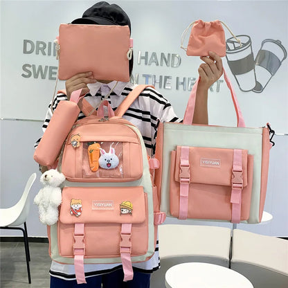 Kawaii Women Backpack 5 Piece Set Student Canvas School Bag Korean Harajuku Large-Capacity Female Schoolbag Shoulder Handbag