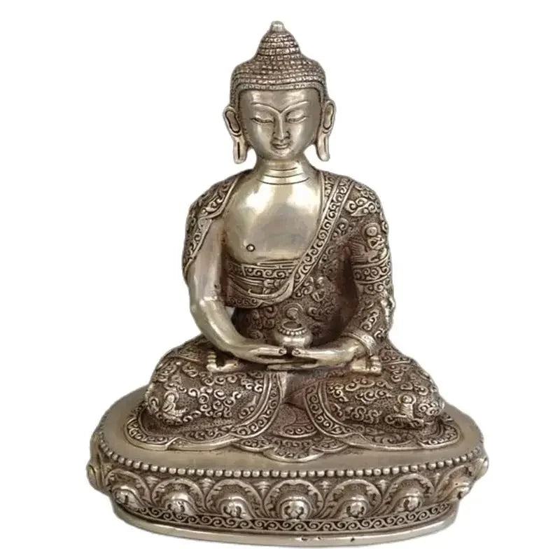 Kerajinan Logam Patung Buddha Sakyamuni Buddha Perak Tua Tiongkok Rumit
