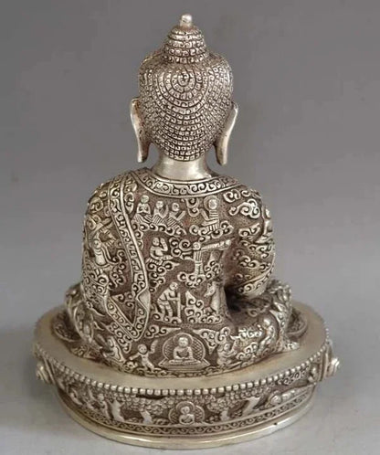Kerajinan Logam Patung Buddha Sakyamuni Buddha Perak Tua Tiongkok Rumit