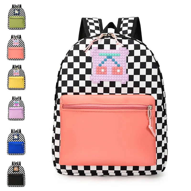 Kids Checkerboard School Bag Waterproof Lightweight Travel Backpack Cartoon Bookbag for Kindergarten Toddlers Boys and Girls