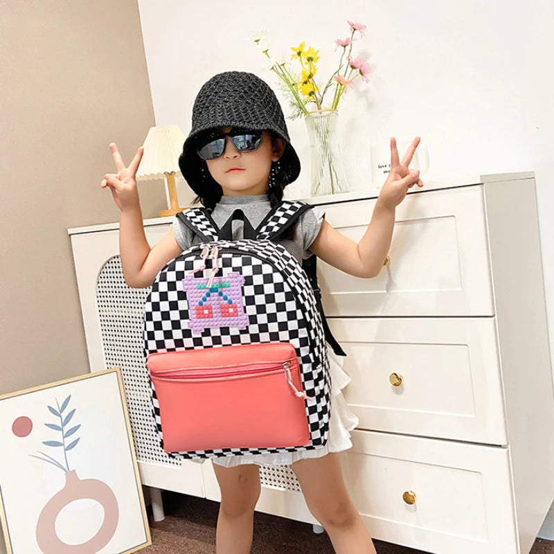 Kids Checkerboard School Bag Waterproof Lightweight Travel Backpack Cartoon Bookbag for Kindergarten Toddlers Boys and Girls
