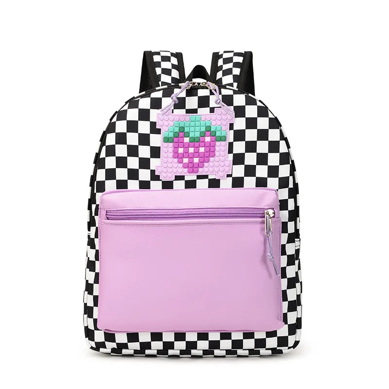 Kids Checkerboard School Bag Waterproof Lightweight Travel Backpack Cartoon Bookbag for Kindergarten Toddlers Boys and Girls