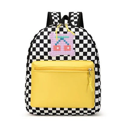 Kids Checkerboard School Bag Waterproof Lightweight Travel Backpack Cartoon Bookbag for Kindergarten Toddlers Boys and Girls
