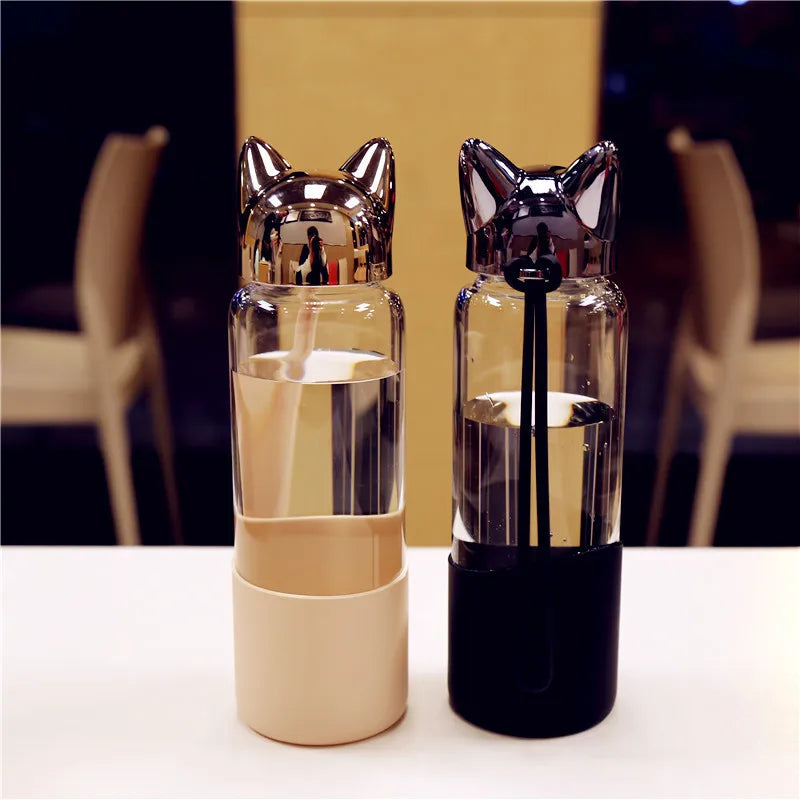 Kids Glass Water Bottle Children School Bottle 350ml Cute Cartoon Fox Ear Coffee Tea Milk Travel Bottles Drop Shipping
