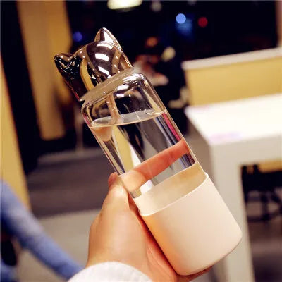 Kids Glass Water Bottle Children School Bottle 350ml Cute Cartoon Fox Ear Coffee Tea Milk Travel Bottles Drop Shipping