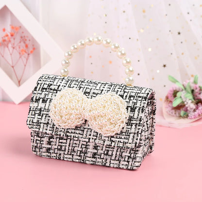 Kids Linen Purses and Handbags Cute Girls Princess Mini Crossbody Bag Bowknot Toddler Party Pearl Tote Hand Bags Gift