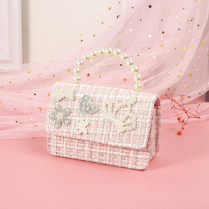 Kids Linen Purses and Handbags Cute Girls Princess Mini Crossbody Bag Bowknot Toddler Party Pearl Tote Hand Bags Gift