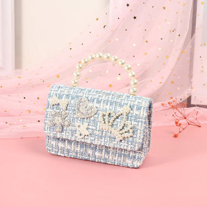 Kids Linen Purses and Handbags Cute Girls Princess Mini Crossbody Bag Bowknot Toddler Party Pearl Tote Hand Bags Gift