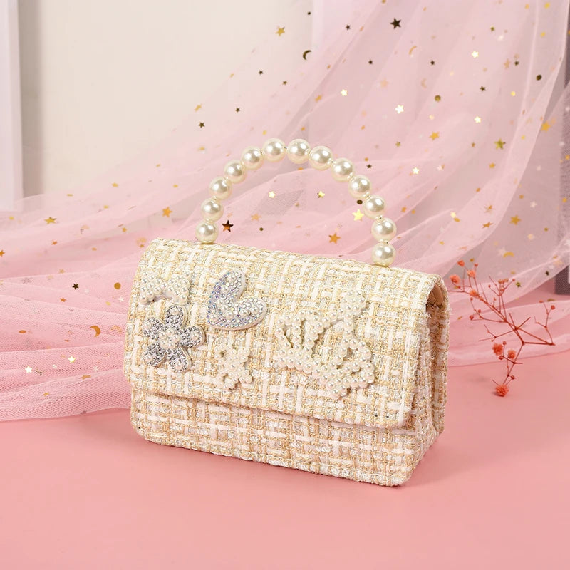 Kids Linen Purses and Handbags Cute Girls Princess Mini Crossbody Bag Bowknot Toddler Party Pearl Tote Hand Bags Gift