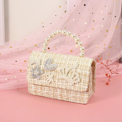 Kids Linen Purses and Handbags Cute Girls Princess Mini Crossbody Bag Bowknot Toddler Party Pearl Tote Hand Bags Gift