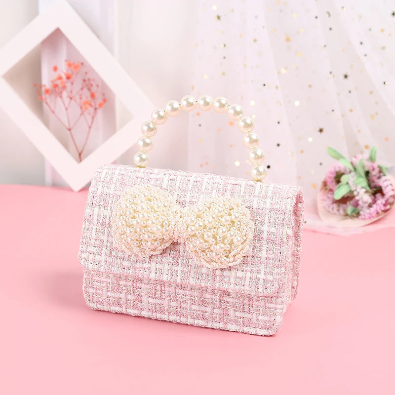 Kids Linen Purses and Handbags Cute Girls Princess Mini Crossbody Bag Bowknot Toddler Party Pearl Tote Hand Bags Gift