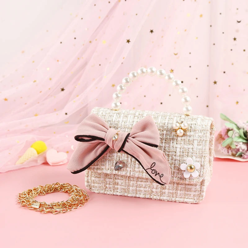 Kids Linen Purses and Handbags Cute Girls Princess Mini Crossbody Bag Bowknot Toddler Party Pearl Tote Hand Bags Gift