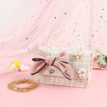 Kids Linen Purses and Handbags Cute Girls Princess Mini Crossbody Bag Bowknot Toddler Party Pearl Tote Hand Bags Gift