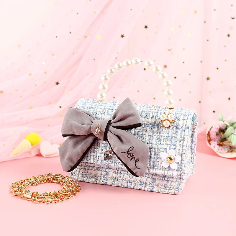 Kids Linen Purses and Handbags Cute Girls Princess Mini Crossbody Bag Bowknot Toddler Party Pearl Tote Hand Bags Gift