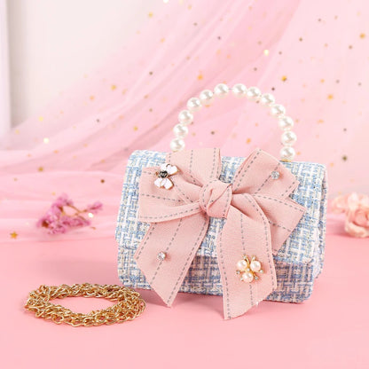 Kids Linen Purses and Handbags Cute Girls Princess Mini Crossbody Bag Bowknot Toddler Party Pearl Tote Hand Bags Gift