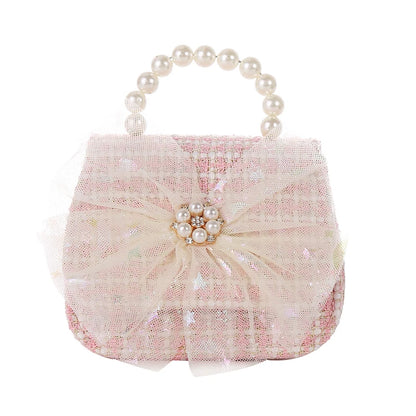 Kids Linen Purses and Handbags Cute Girls Princess Mini Crossbody Bag Bowknot Toddler Party Pearl Tote Hand Bags Gift