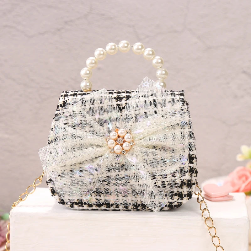 Kids Linen Purses and Handbags Cute Girls Princess Mini Crossbody Bag Bowknot Toddler Party Pearl Tote Hand Bags Gift