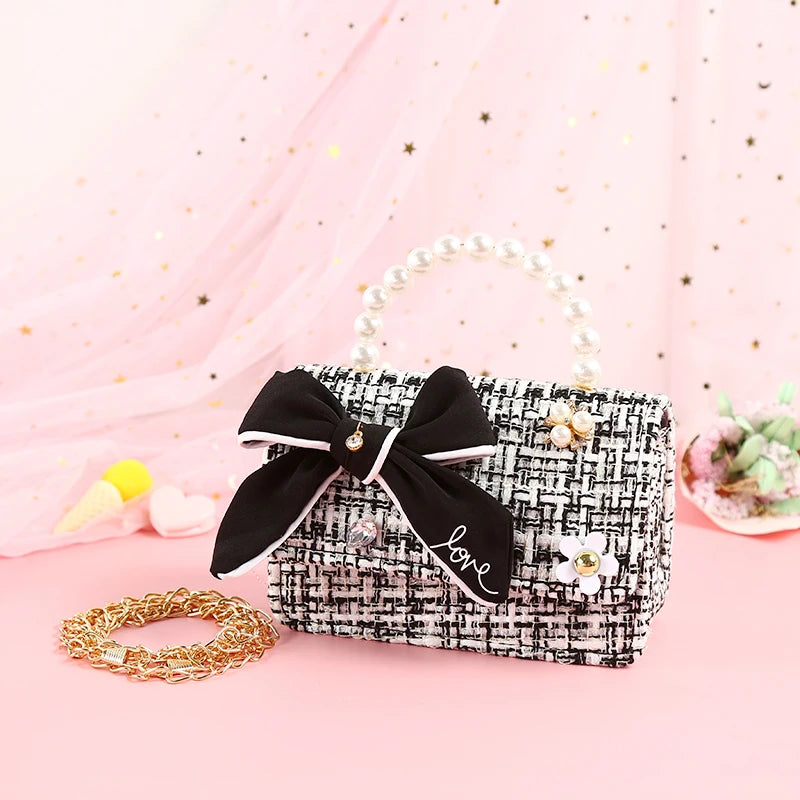Kids Linen Purses and Handbags Cute Girls Princess Mini Crossbody Bag Bowknot Toddler Party Pearl Tote Hand Bags Gift