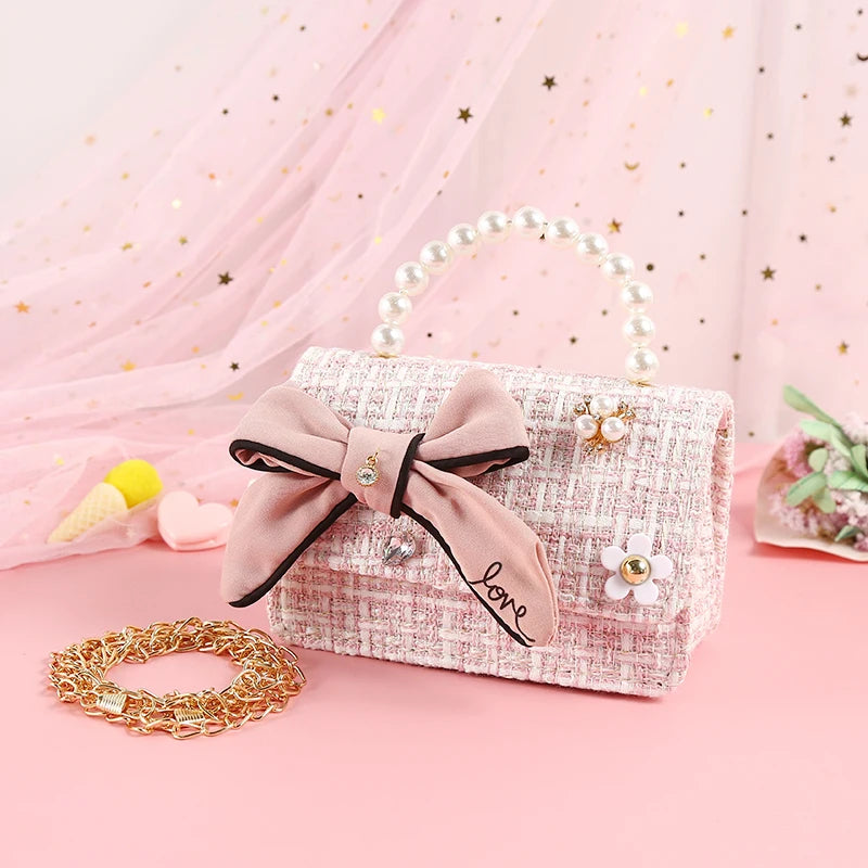 Kids Linen Purses and Handbags Cute Girls Princess Mini Crossbody Bag Bowknot Toddler Party Pearl Tote Hand Bags Gift