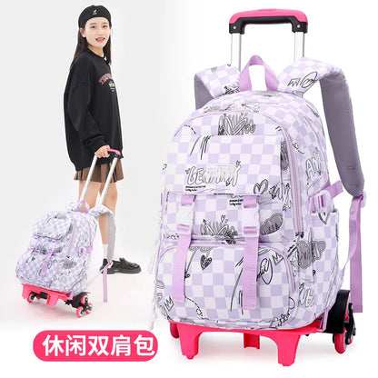 Kids School Backpack with Wheels Rolling Backpack for Girls Student Wheeled Backpack Trolley School Bag Travel Trolley Luggage