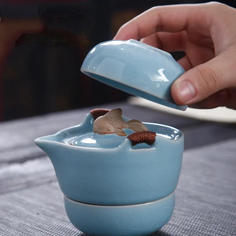 Kiln Ceramic Teapot Teacup Handmade Portable Travel Tea Sets for Office Ceramic 1 Pot 2 Cups 1 Storage Bag Creative Gift