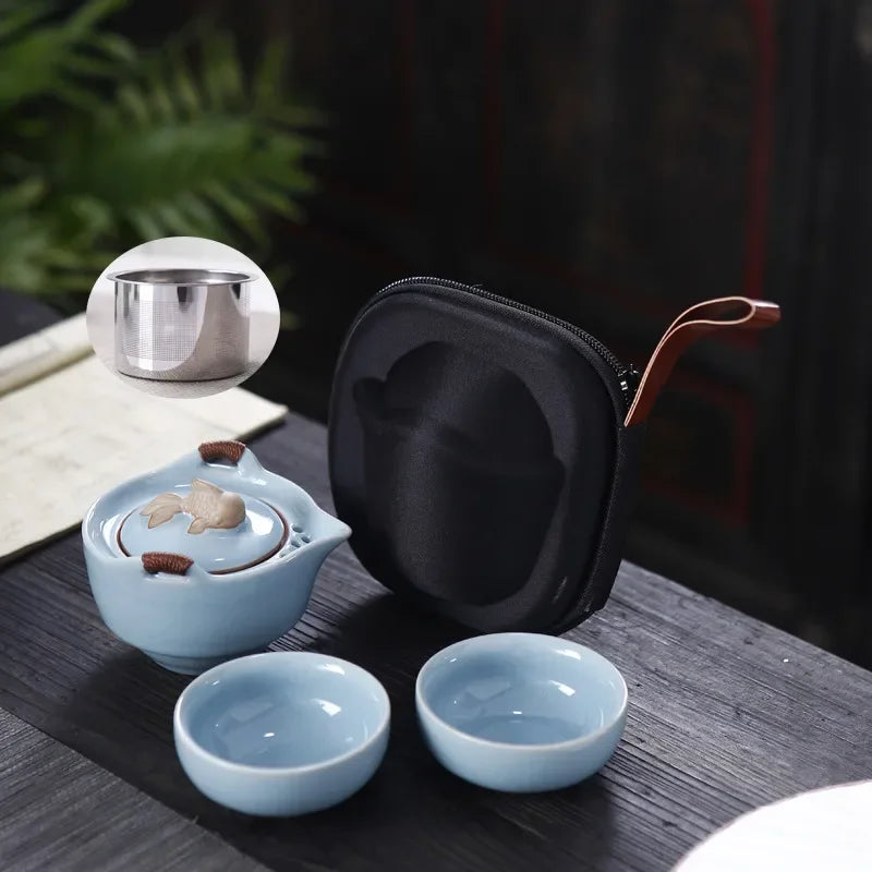 Kiln Ceramic Teapot Teacup Handmade Portable Travel Tea Sets for Office Ceramic 1 Pot 2 Cups 1 Storage Bag Creative Gift