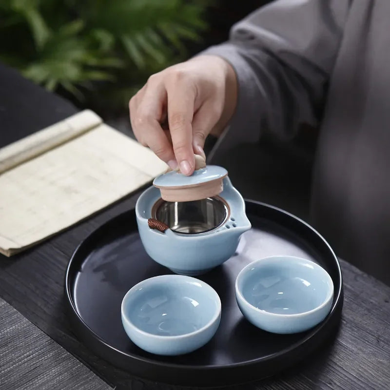 Kiln Ceramic Teapot Teacup Handmade Portable Travel Tea Sets for Office Ceramic 1 Pot 2 Cups 1 Storage Bag Creative Gift
