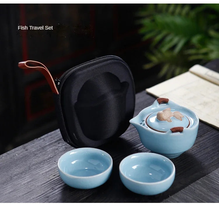 Kiln Ceramic Teapot Teacup Handmade Portable Travel Tea Sets for Office Ceramic 1 Pot 2 Cups 1 Storage Bag Creative Gift