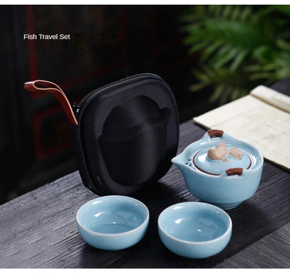 Kiln Ceramic Teapot Teacup Handmade Portable Travel Tea Sets for Office Ceramic 1 Pot 2 Cups 1 Storage Bag Creative Gift