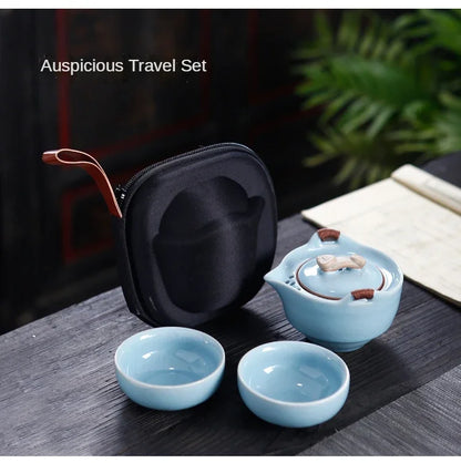 Kiln Ceramic Teapot Teacup Handmade Portable Travel Tea Sets for Office Ceramic 1 Pot 2 Cups 1 Storage Bag Creative Gift