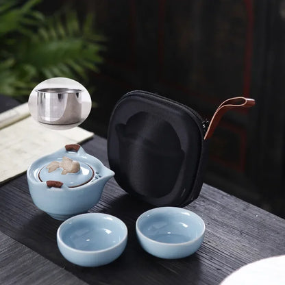 Kiln Ceramic Teapot Teacup Handmade Portable Travel Tea Sets for Office Ceramic 1 Pot 2 Cups 1 Storage Bag Creative Gift