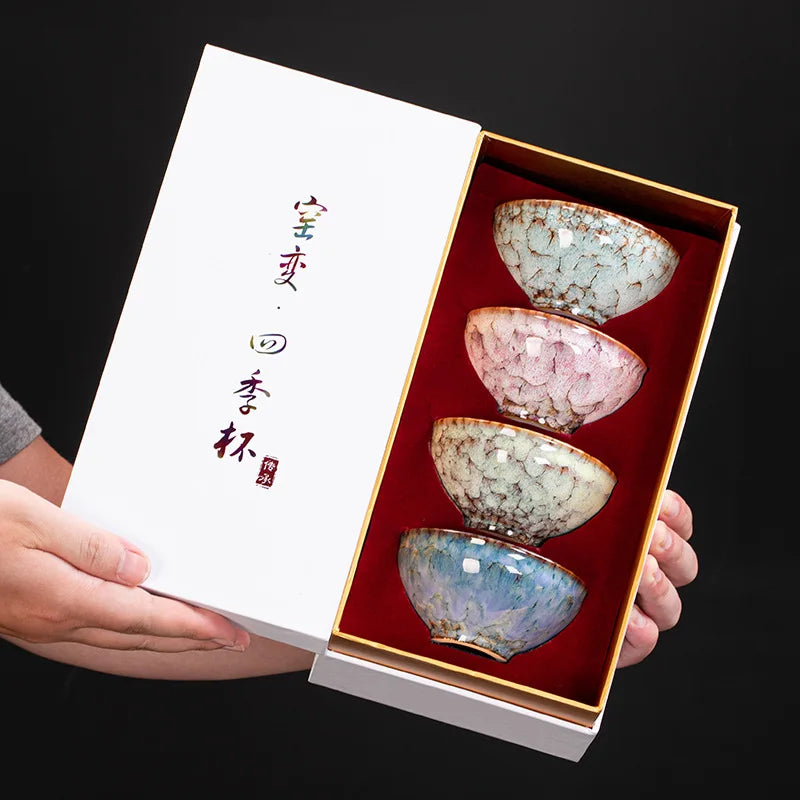 Kiln Change Four Seasons Cup Master Tea Bowl Gift Box Teacup Kung Fu Set Household Ceramic Cups Teaware Kitchen Dining Bar Home