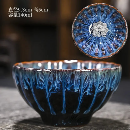 Kiln Change Inlaid Silver Tea Cup Gilding Teacup Ceramic Tea Cup Chinese Kung Fu Tea Set Master Cup Household Flower Tea Bowl