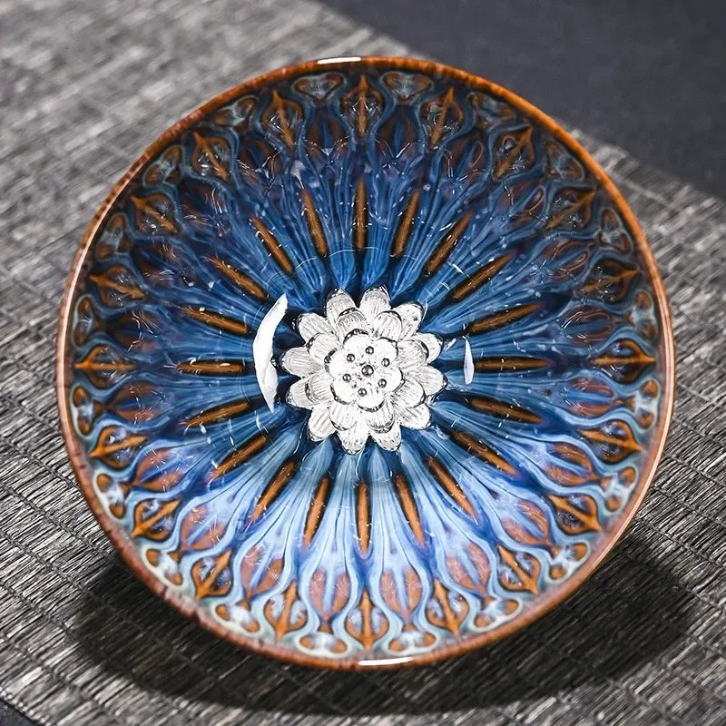 Kiln Change Inlaid Silver Tea Cup Gilding Teacup Ceramic Tea Cup Chinese Kung Fu Tea Set Master Cup Household Flower Tea Bowl