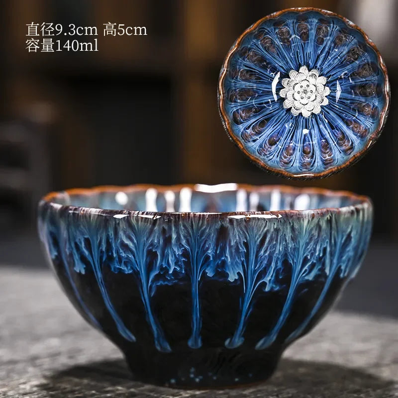 Kiln Change Inlaid Silver Tea Cup Gilding Teacup Ceramic Tea Cup Chinese Kung Fu Tea Set Master Cup Household Flower Tea Bowl